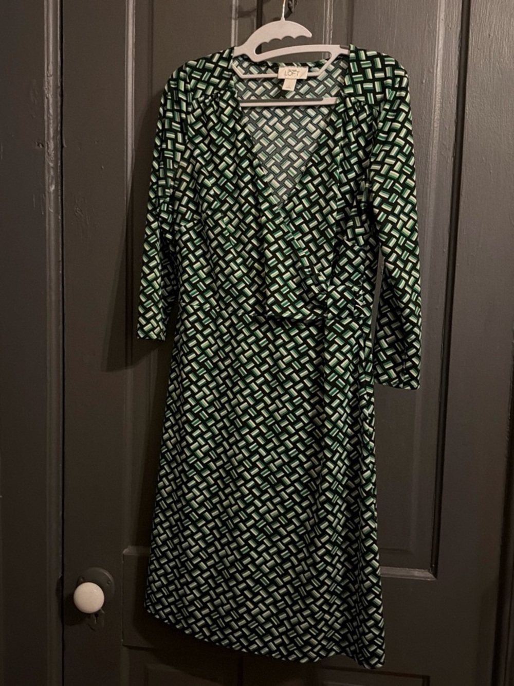 LOFT Black and Green Geometric Wrap-Style Dress